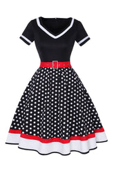 Schwarzes Polka Dots Rockabilly Kleid mit V-Ausschnitt aus den 1950er Jahren